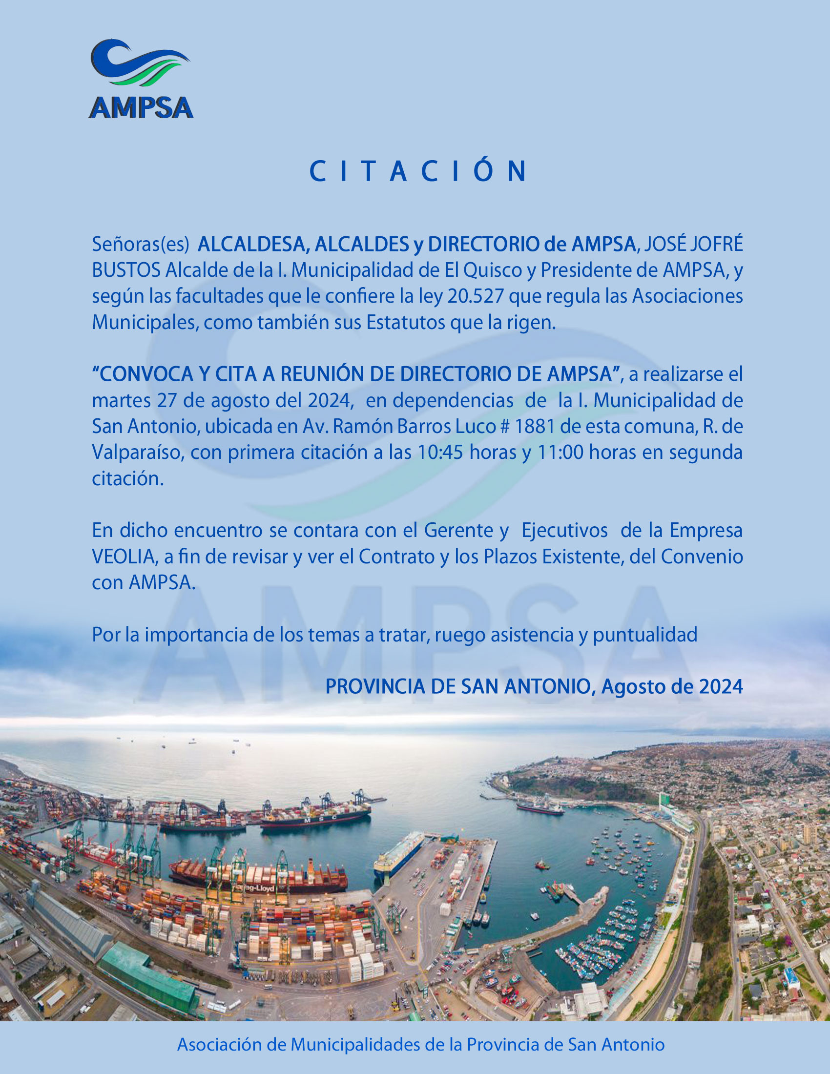 Citación a reunión de Directorio AMPSA Agosto 2024.